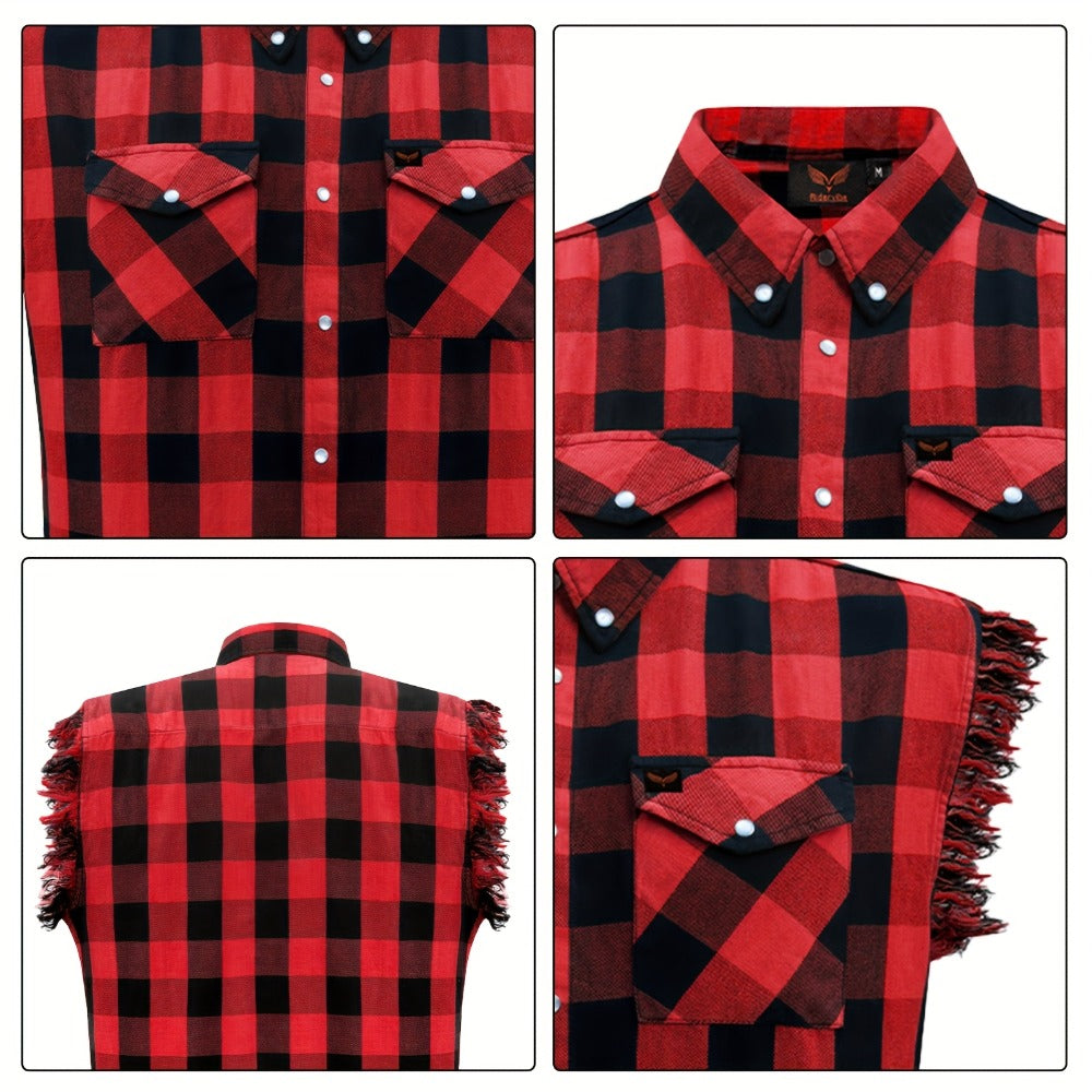 Men's Plaid Sleeveless Shirt with Fringe Hem, Checkered Cotton Button-Up Vest Top, Crew Neck Regular Fit for Streetwear Beach Vacation
