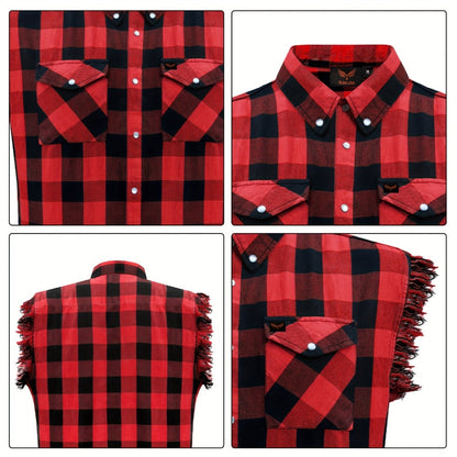 Men's Plaid Sleeveless Shirt with Fringe Hem, Checkered Cotton Button-Up Vest Top, Crew Neck Regular Fit for Streetwear Beach Vacation
