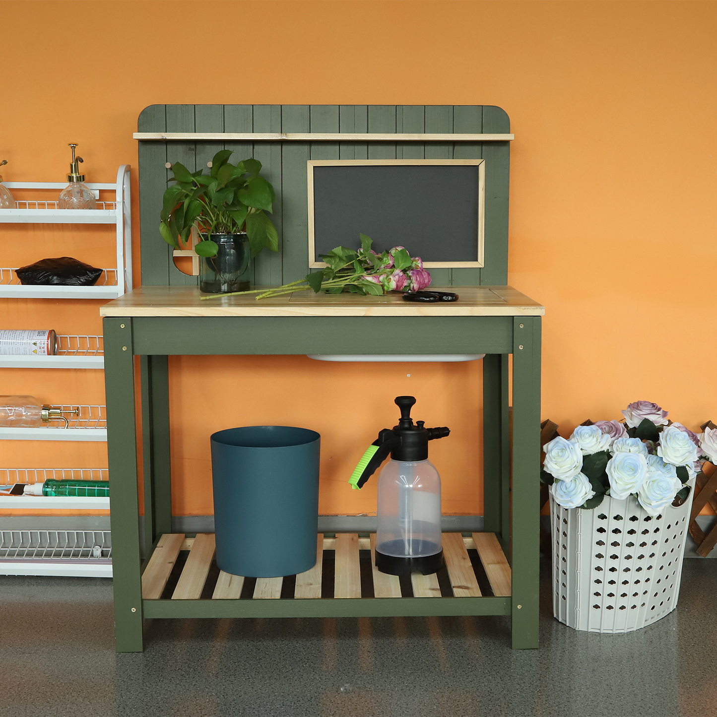 Potting Bench Table Cedar Wood Garden Workstation with Blackboard Removable Sink Hooks Double Shelf for Garden, Patio and Yard Use