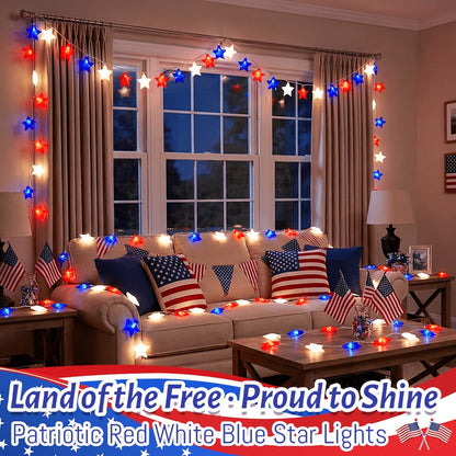 String Lights, Red White and Blue Star Lights with Plug-In Power, 8.5- or 12-Foot Length and 10 or 20 LEDs