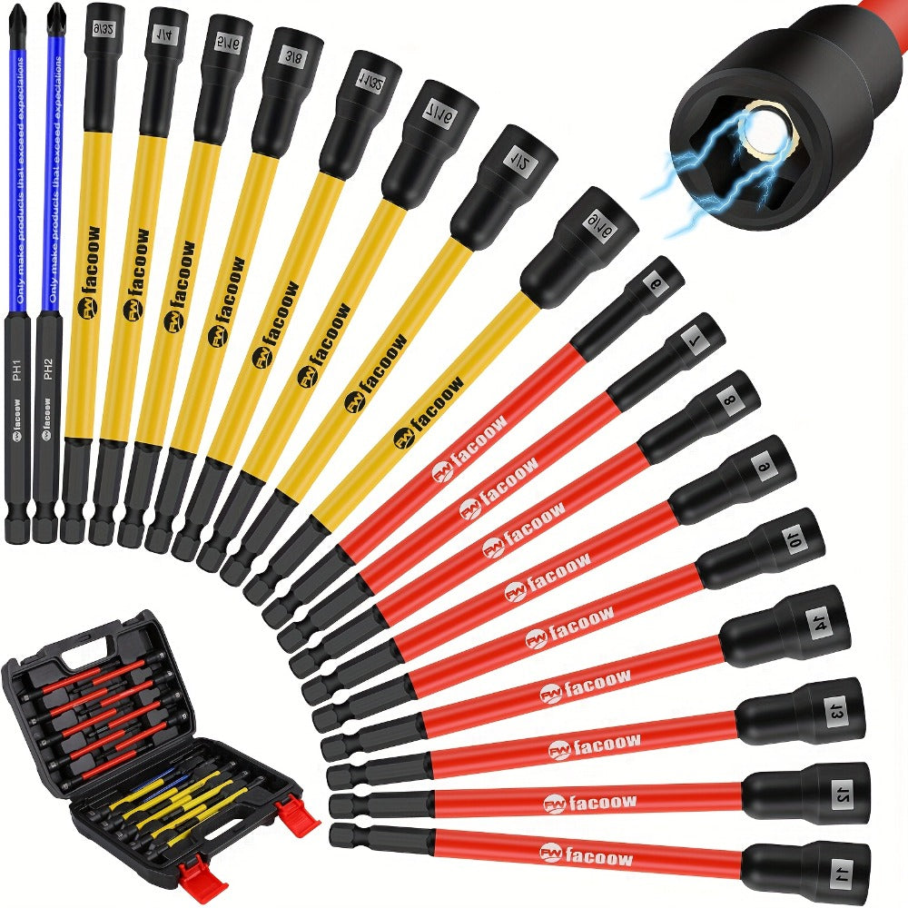 Magnetic Nut Driver Set 19PCS – SAE & Metric | 1/4" Hex Shank 6" Long | PH1 & PH2 for Impact Drills | Magnetic Socket Set with Sturdy Tool