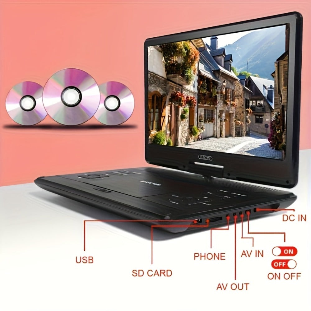 Portable DVD Player 14.1 Inch HD Screen, AV IN/OUT Sync TV & Projector, 270° Rotating Screen, Region Free