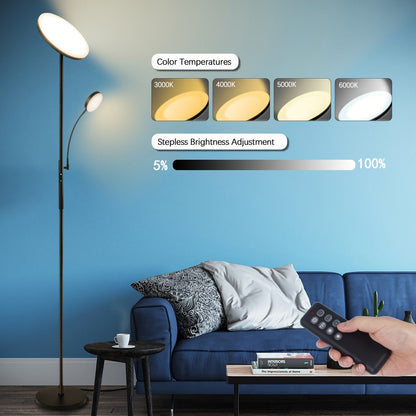 Dual-Head Torchiere Floor Lamp with 27W Main Light, 7W Reading Arm, Four Color Temperature Modes and Remote or Touch Control