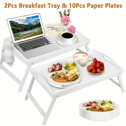 Bamboo Breakfast Tray with Folding Legs & Handles 2 Pack, Extra Wide Foldable Bed Tray Table for Eating