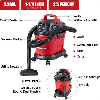 Wall Mount Wet Dry Vacuum 3.2 Gallon 2.5 Peak HP, Space-Saving Shop Vac with Cloth Filter for Wet Spills & Dry Debris