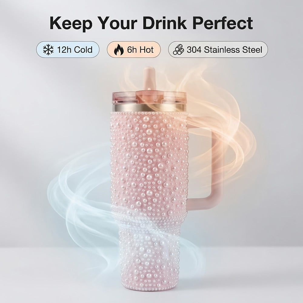 Insulated Tumbler 40oz Pearl Rhinestone Stainless Steel with Handle and Straw in White or Pink