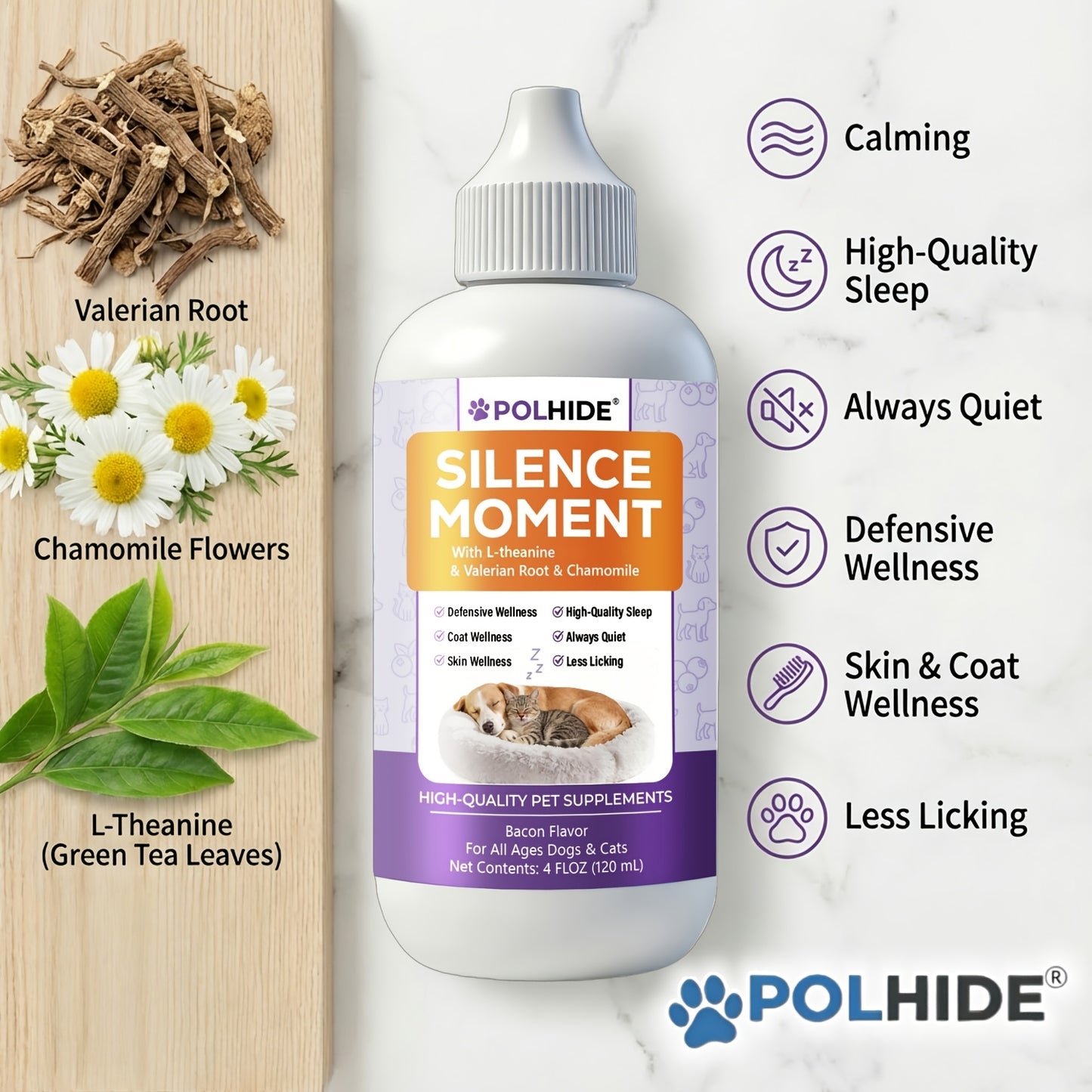 Pet Calming Liquid Supplement for Dogs & Cats 4oz – L-Theanine & Herbal Formula, Reduces Anxiety from Thunderstorms & Fireworks