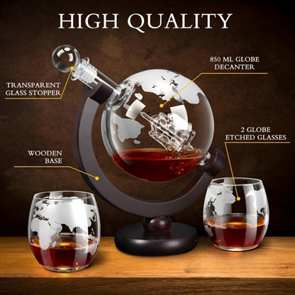 Whiskey Decanter Set with Glasses and Wooden Stand Ball Globe 28oz or Sailboat 44oz Etched for Home Cooking, Dining and Outdoor Meals