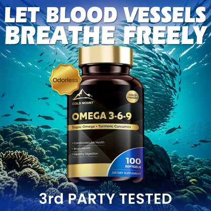 Omega 3 6 9 Supplement Softgels with Flaxseed, Fish Oil & Turmeric, Heart, Brain, Liver & Skin Support for Women & Men
