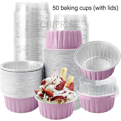 Aluminum Foil Baking Cups with Lids, Disposable Cupcake Molds with Spoons, Foil Dessert Cups for Pudding Muffins Mousse