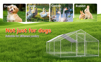 Dog Kennel Outdoor Large Metal Walk-in Chicken Run Pen Poultry Cage with Anti-UV Cover Movable Rack for Garden, Patio and Yard Use