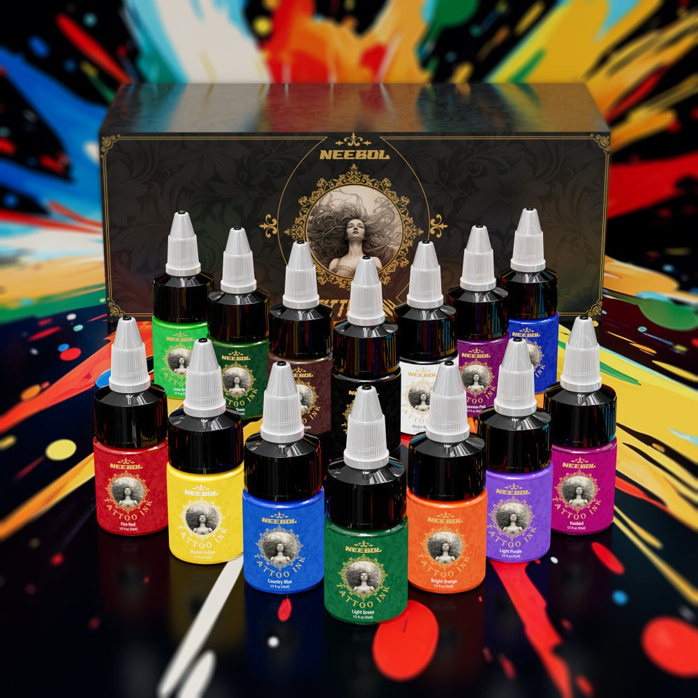 Tattoo Ink 14- or 21-Color Set with 0.5oz 15ml Bottles and Two Palette Choices for Color Selection