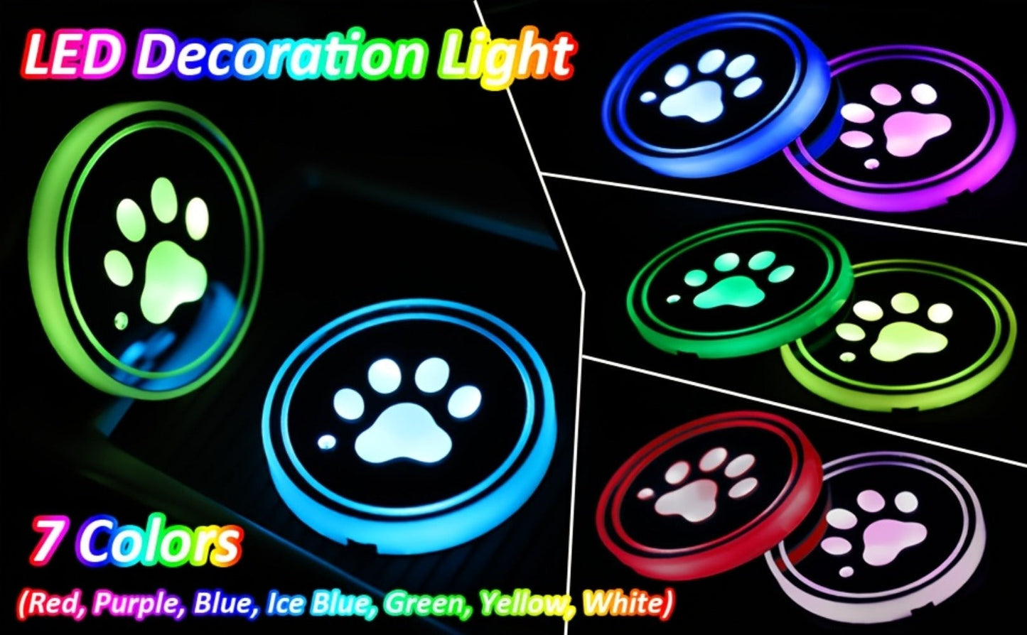 LED Neon Car Cup Holder Coasters – 7 Color USB Rechargeable Glowing Cup Mats, Ambient Light for Car Interior, Bar & Home Decor (Set of 2