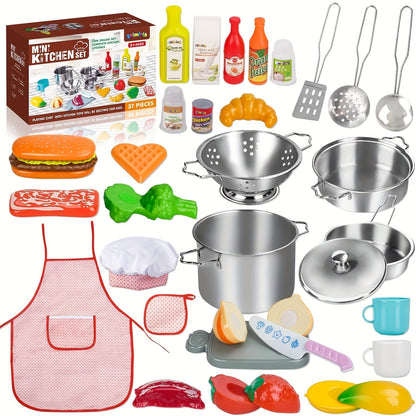 Kids Kitchen Playset 37pcs, Stainless Steel Play Pots & Pans Set with Apron, Chef Hat, Cooking Utensils & Play Food