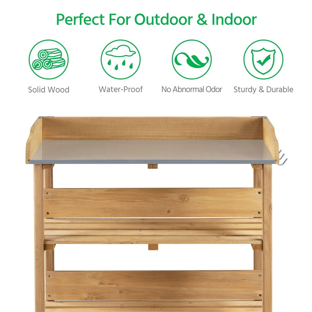 Rolling Potting Bench 3-Tier Wooden Garden Workstation Waist-High Galvanized Metal Top Lockable Casters for Garden, Patio and Yard Use