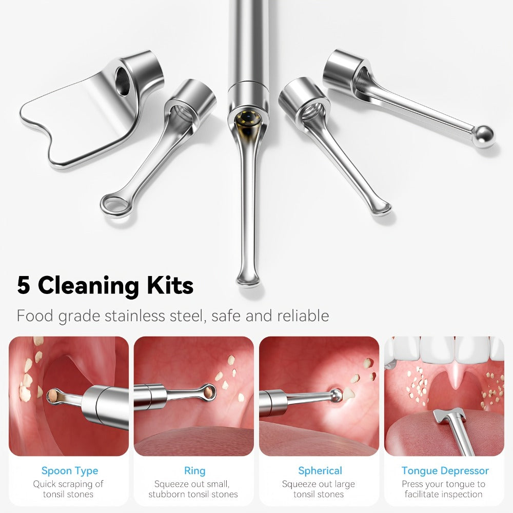 Tonsil Stone Remover with Camera 1080P HD Visual Oral Care Kit - 6 LED Lights, 5 Stainless Steel Tips