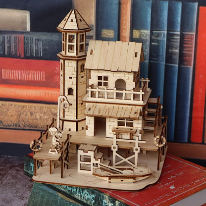 Wooden Building Model Kit with Fisherman's Hut, Treehouse-2 or Cowboy Bar Checkout Designs