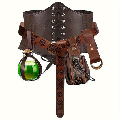 Renaissance Corset Set 5-Piece Ladies – Medieval Belt Pouch Potion Bottle Waist Protector, Women Halloween LARP Cosplay Renaissance Fair
