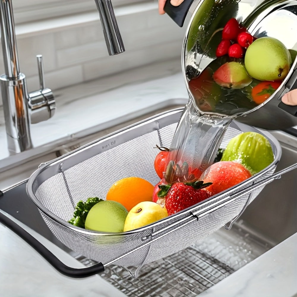 Stainless Steel Colander Expandable Fine Mesh Drain Basket Strainer for Vegetables Fruits for Home Cooking, Dining and Outdoor Meals