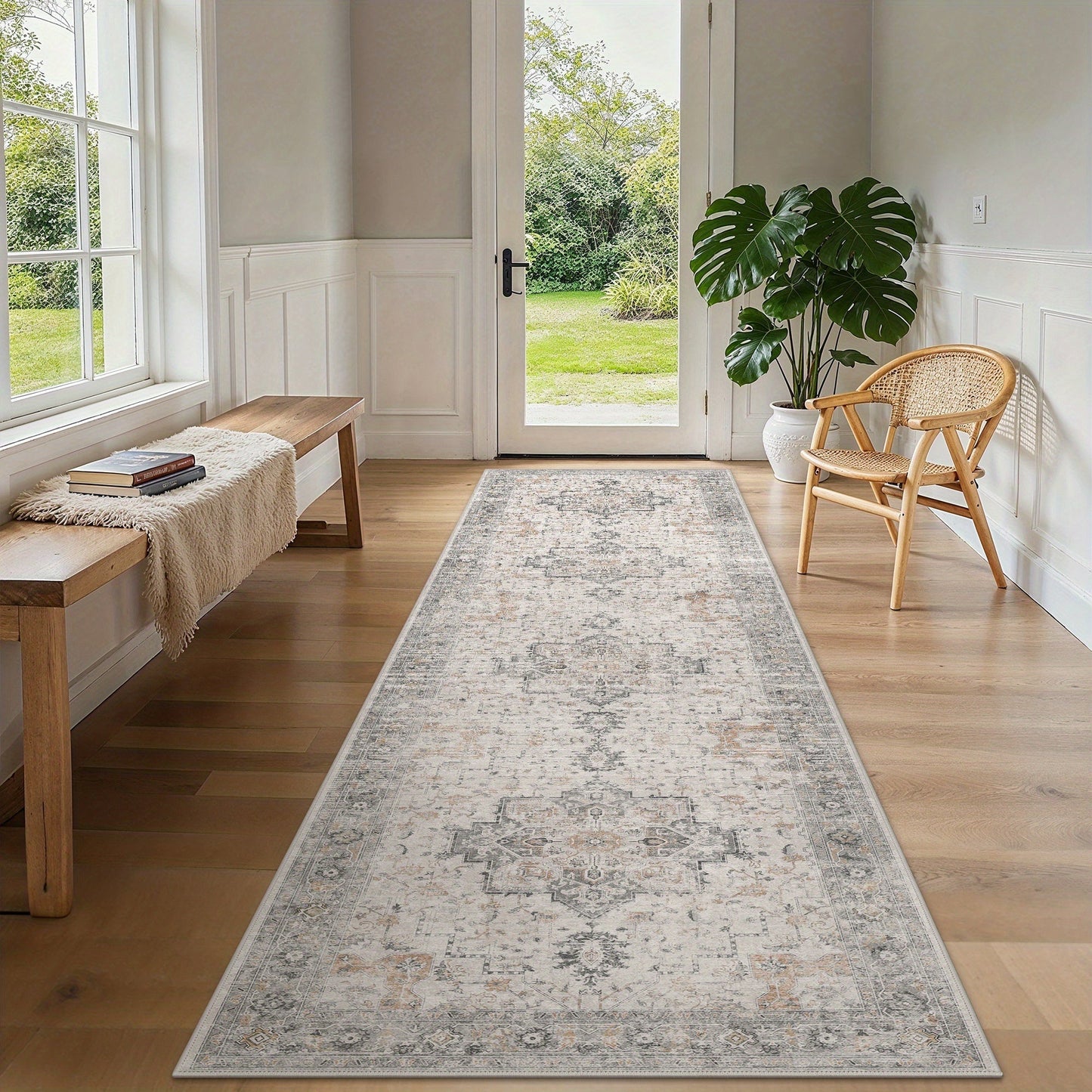 Runner Rug Machine Washable Non-Slip Vintage Hallway Area Rug Low Pile Lightweight Boho Floral for Entryway Kitchen Corridor Light Taupe