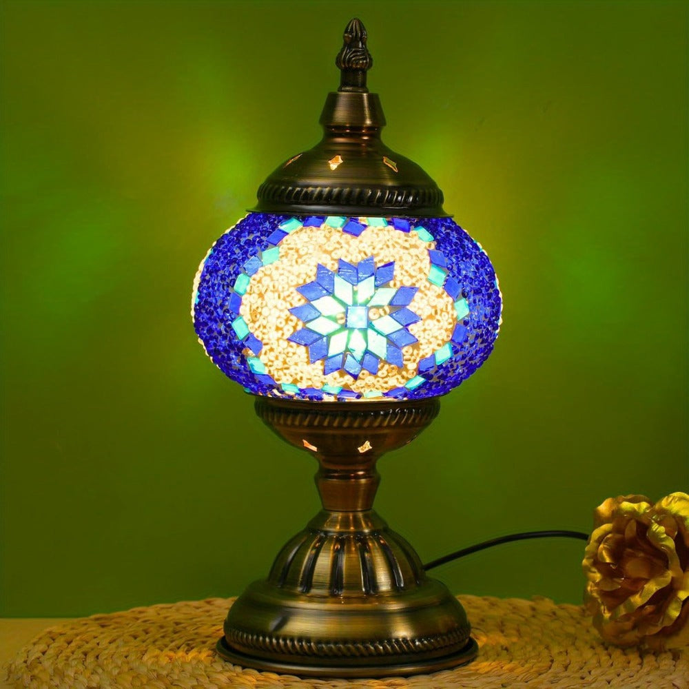 Turkish Moroccan Mosaic Table Lamp Handmade Crystal Glass Spherical Shade 3-Color Adjustable for Entryways, Bedrooms and Living Spaces