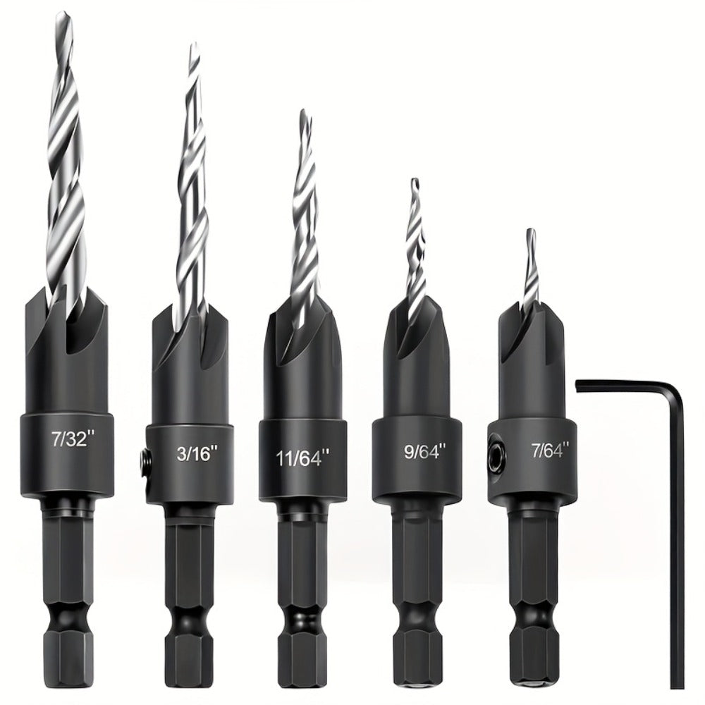 5pcs Countersink Drill Bit Set #4 #6 #8 #10 #12 Tapered with 1/4" Hex Shank Quick-Change for Entryways, Bedrooms and Living Spaces