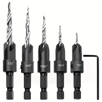 5pcs Countersink Drill Bit Set #4 #6 #8 #10 #12 Tapered with 1/4" Hex Shank Quick-Change for Entryways, Bedrooms and Living Spaces