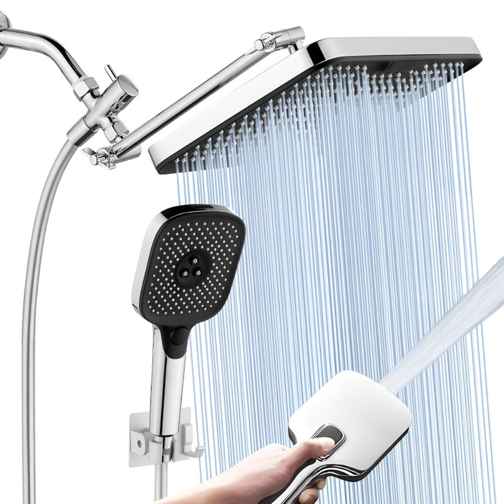 High Pressure Rainfall Shower Head Combo with Handheld Spray – 9 Spray Settings, 180° Adjustable Bracket, Stainless Steel Hose