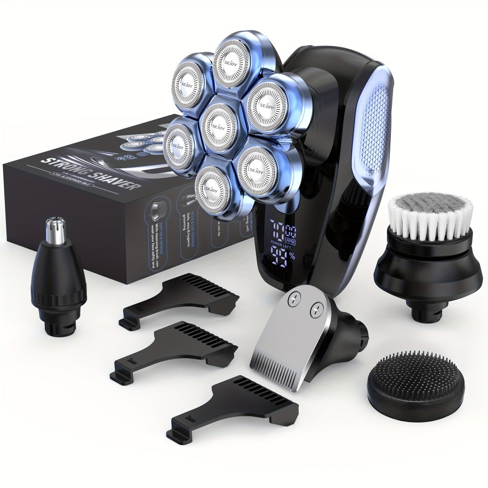 Electric Head Shaver for Bald Men 7D 7 Floating Heads – All-in-One Grooming Kit with Nose Hair Trimmer & Facial Cleaning Brush