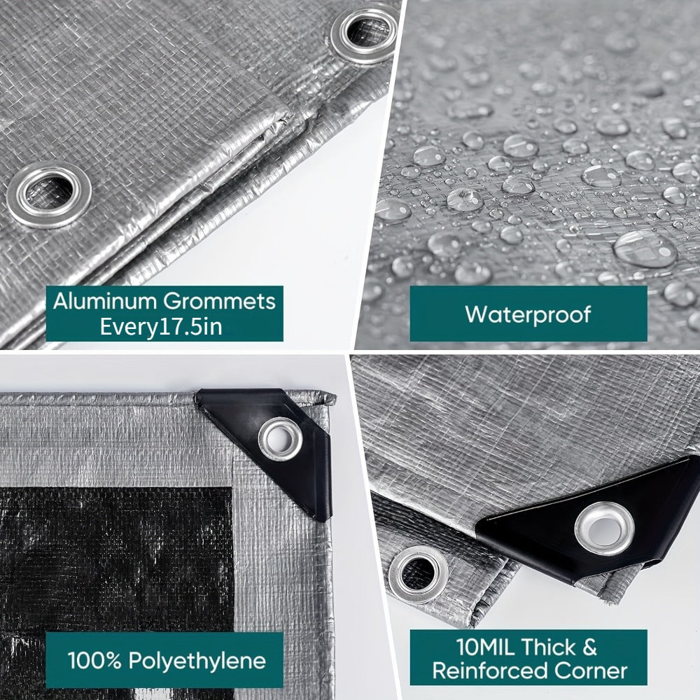 Tarp 2-Pack 10Mil 150GSM Black Silver, Tear-Proof Polyethylene Cover with Reinforced Grommets for Roof Pool Boat Car Camping & Outdoor
