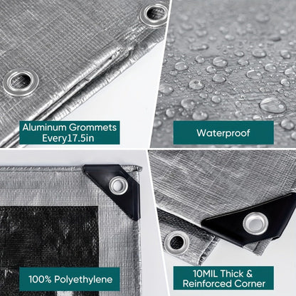 Tarp 2-Pack 10Mil 150GSM Black Silver, Tear-Proof Polyethylene Cover with Reinforced Grommets for Roof Pool Boat Car Camping & Outdoor