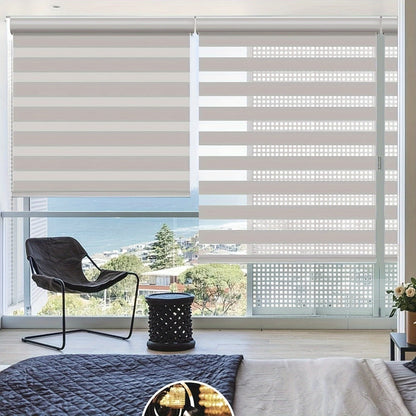 Cordless Zebra Roller Shade with Valance, Day Night Window Blind, Dual Layer Window Treatment Mesh Opaque Fabric