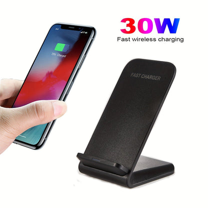 Black Dual-Coil Wireless Charging Stand with Vertical or Horizontal Support and 19 Device Labels
