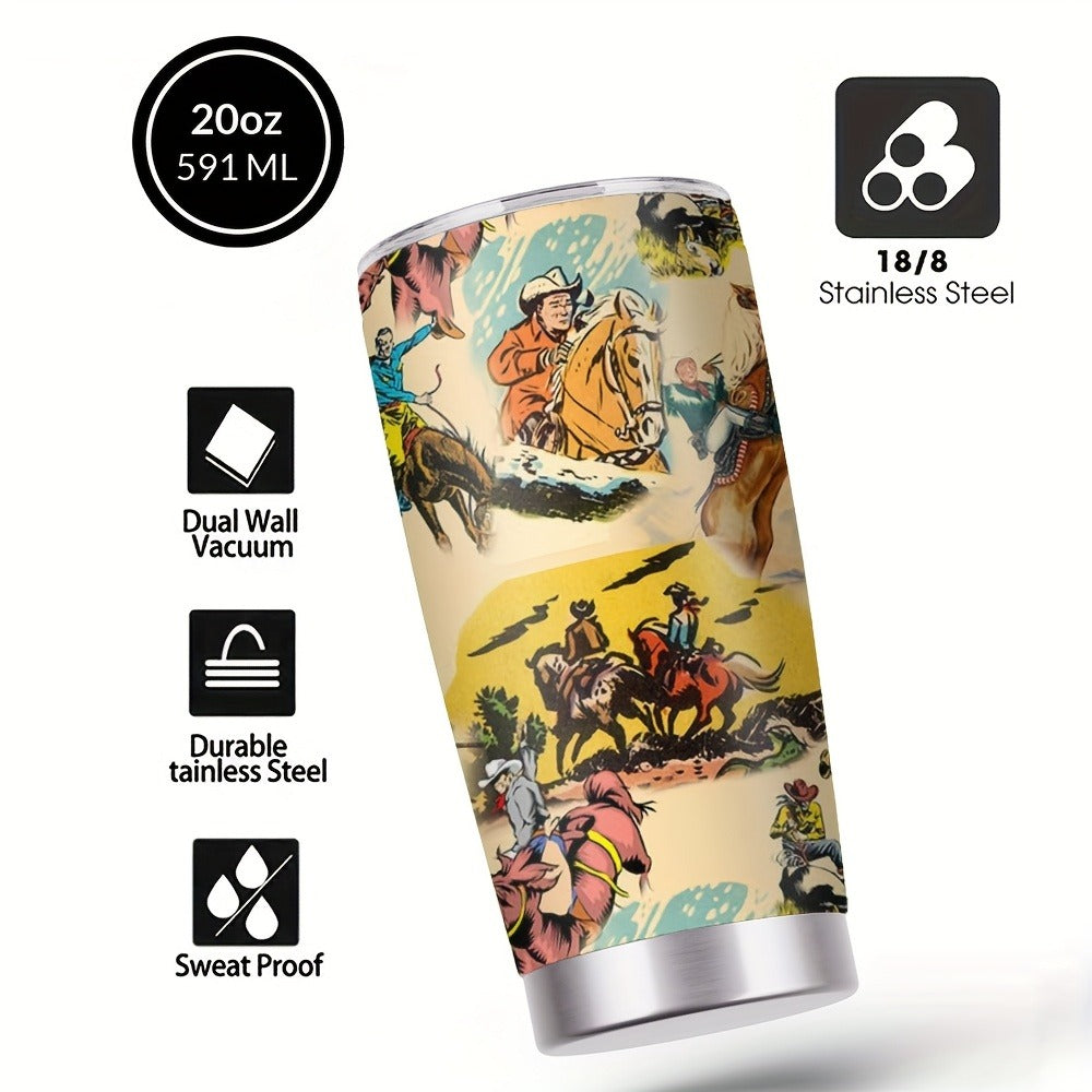 Insulated Tumbler 20oz Cowboy Western Graphic in Yellow Stainless Steel with Lid and Straw