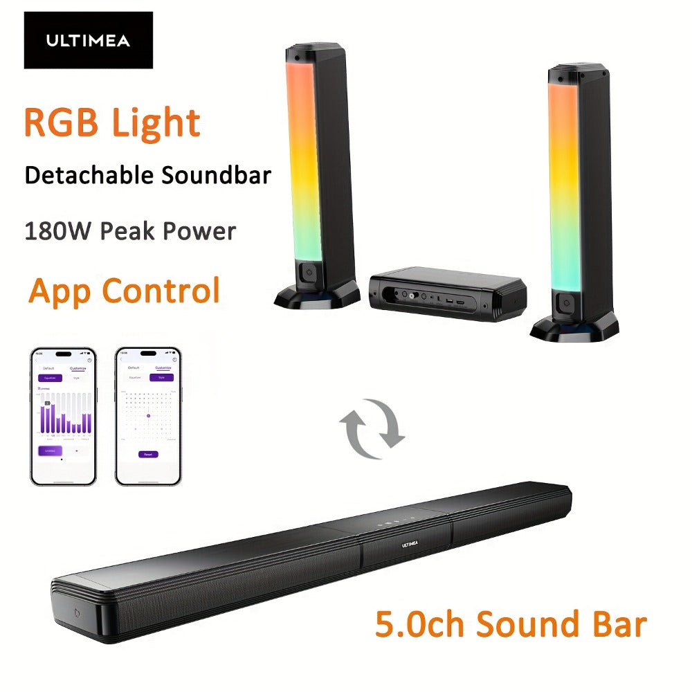 ULTIMEA Soundbar with Built-In Subwoofer – Choose 2.2CH 100W Detachable, 2.1CH 120W App Control, or 5.0CH 180W RGB Surround System