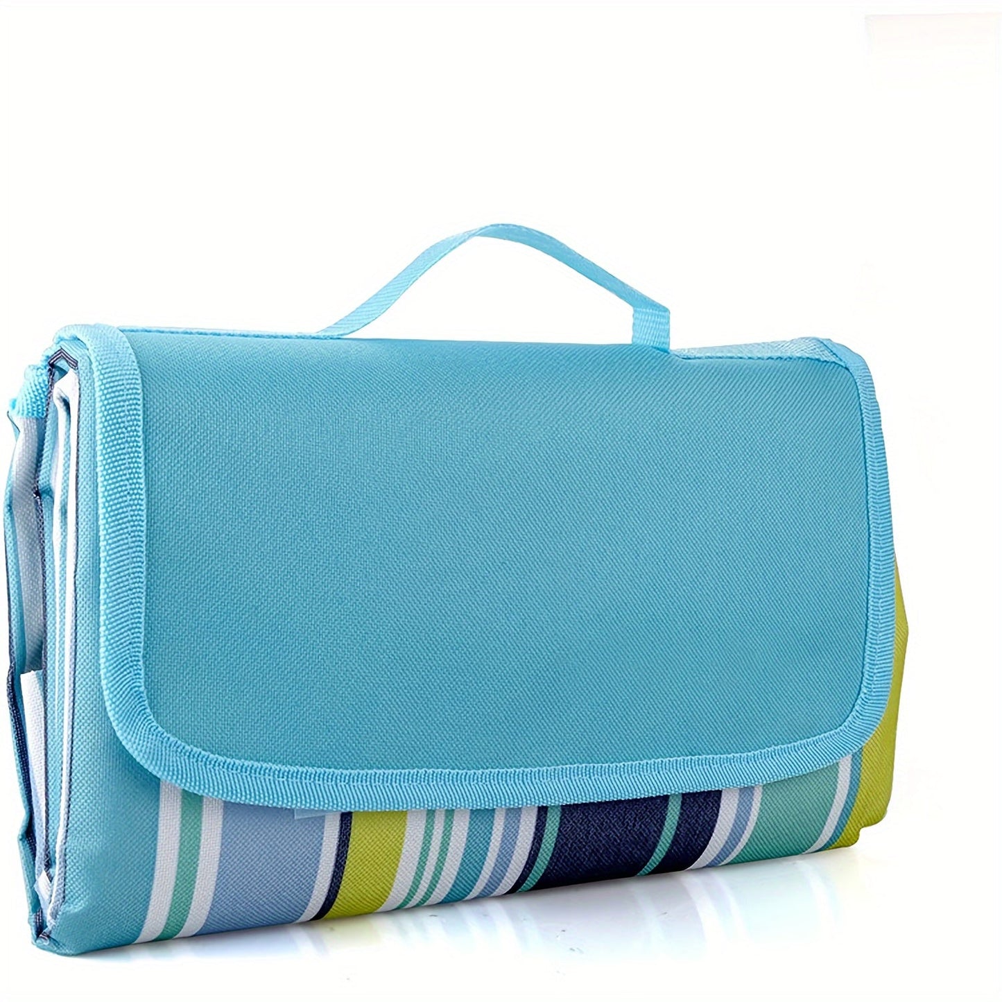 Blue Striped Picnic Blanket with Integrated Carry Flap, Top Handle and 78 x 60-Inch Pictured Size