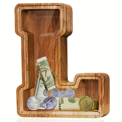 Personalized Wooden Piggy Bank for Kids – A-Z Alphabet Letter Initial Coin & Bill Savings Bank for Boys & Girls