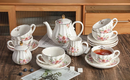 Porcelain Tea Set for 6 - 22 Piece British Royal Floral Service with Teapot, Cups & Saucers, Sugar Bowl