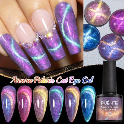 Gel Nail Polish 6-Piece 9D Aurora Magnetic Cat-Eye Set with Pearl-Shell Glitter Effect and UV/LED Soak-Off Cure