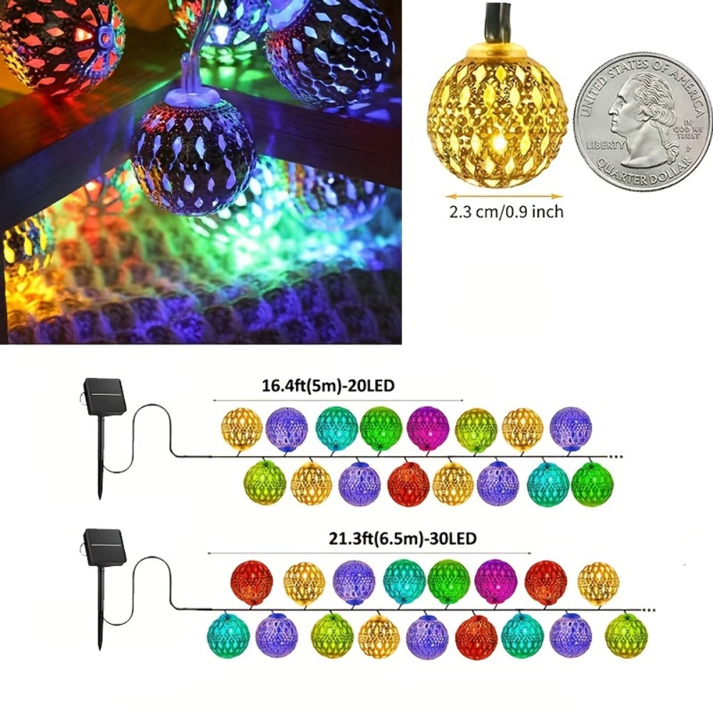 Moroccan Solar String Lights Outdoor – Metal Sphere Fairy Lights with 20/30/50 LED Beads, 8 Modes