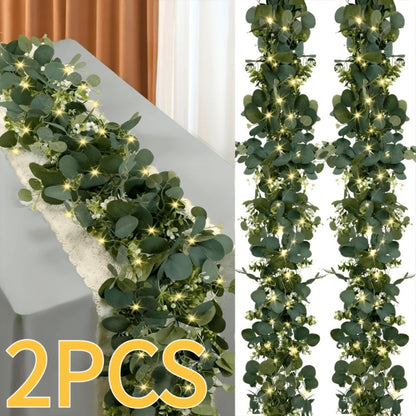 Lighted Eucalyptus Wreath Garland 6FT LED 2 Pack - Artificial Green Vine with Lights for Wedding Centerpiece