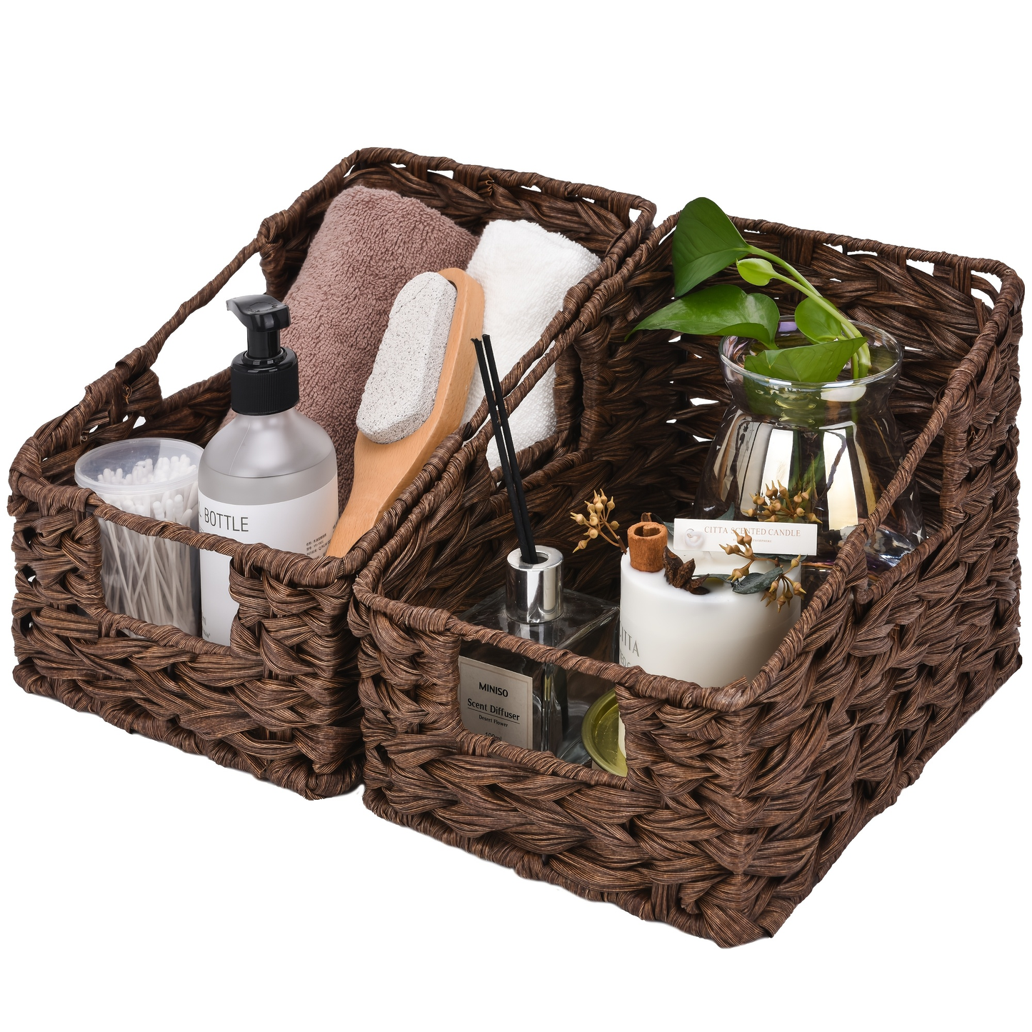 Storage Baskets, Seagrass and Water Hyacinth with Built-In Handles in Six Style Options with Material, Size and Pack Options for Shelf