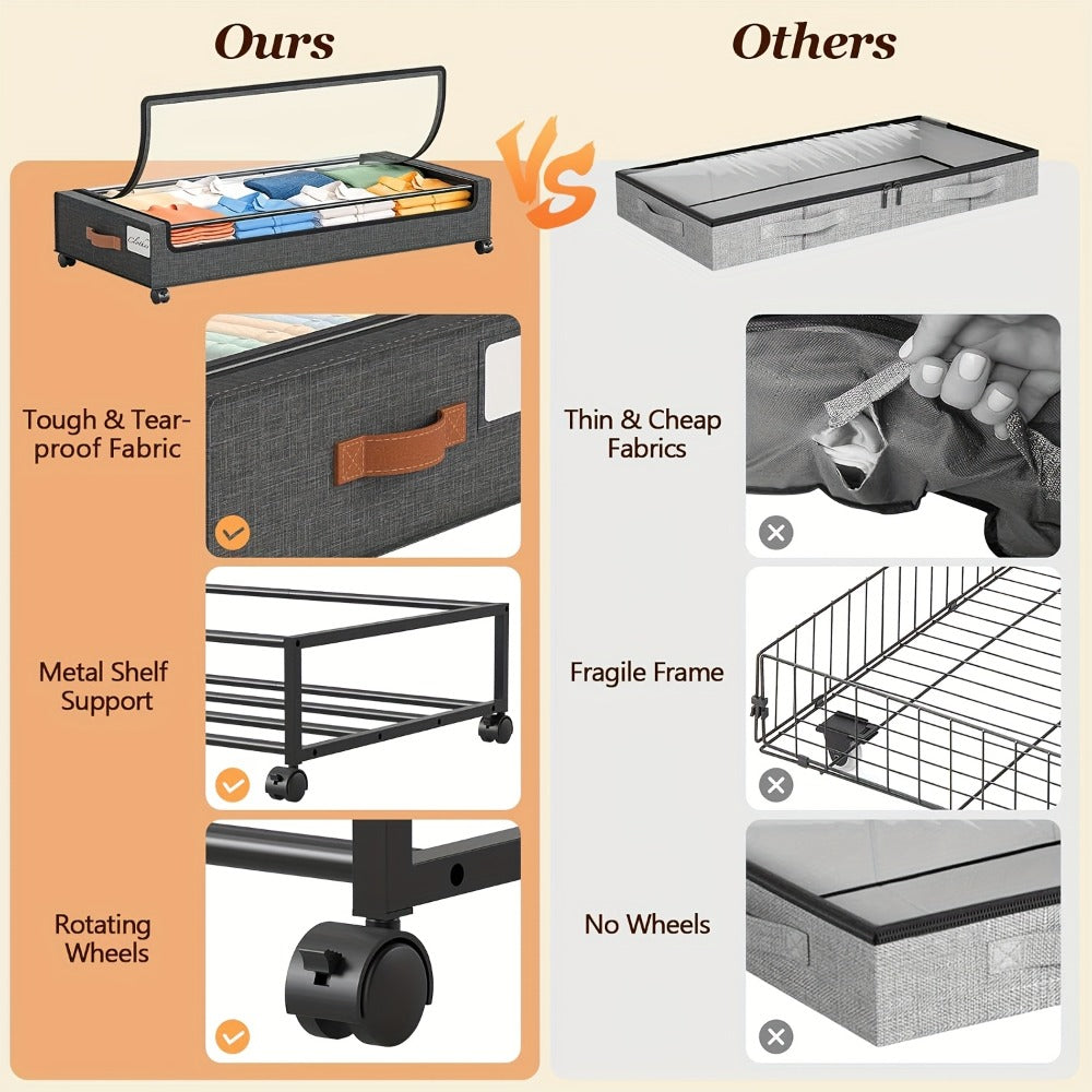 Under Bed Storage Organizer 2-Pack Rolling Boxes in Black or Gray for Clothes, Shoes and Bedding
