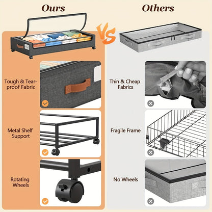 Under Bed Storage Organizer 2-Pack Rolling Boxes in Black or Gray for Clothes, Shoes and Bedding
