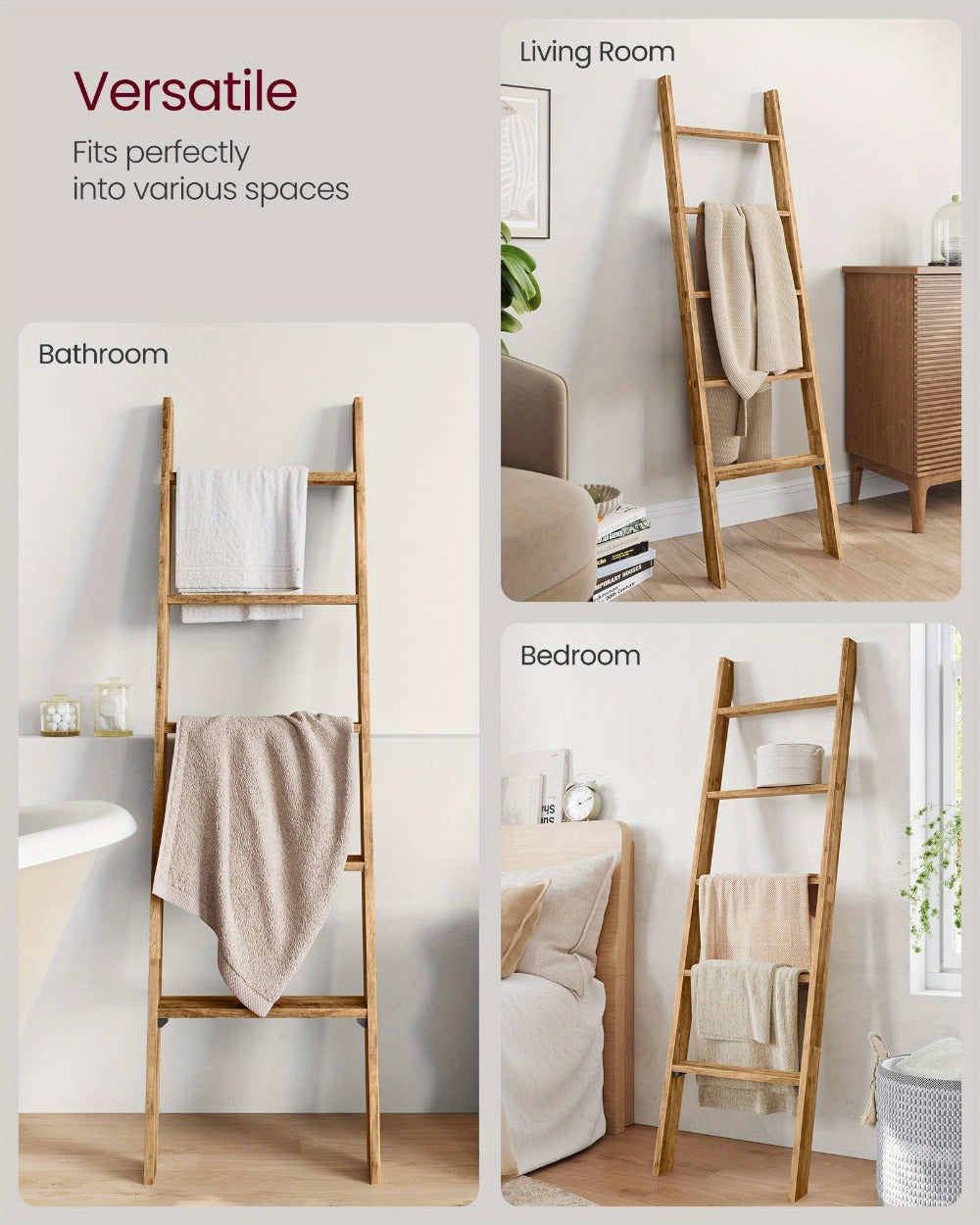 Blanket Ladder Shelf 5-Tier Freestanding Wood Ladder Rack for Blankets Towels Books Decor for Laundry Rooms, Closets and Home Organization