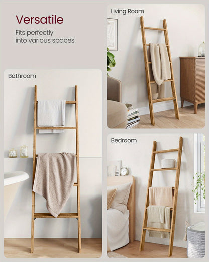 Blanket Ladder Shelf 5-Tier Freestanding Wood Ladder Rack for Blankets Towels Books Decor for Laundry Rooms, Closets and Home Organization