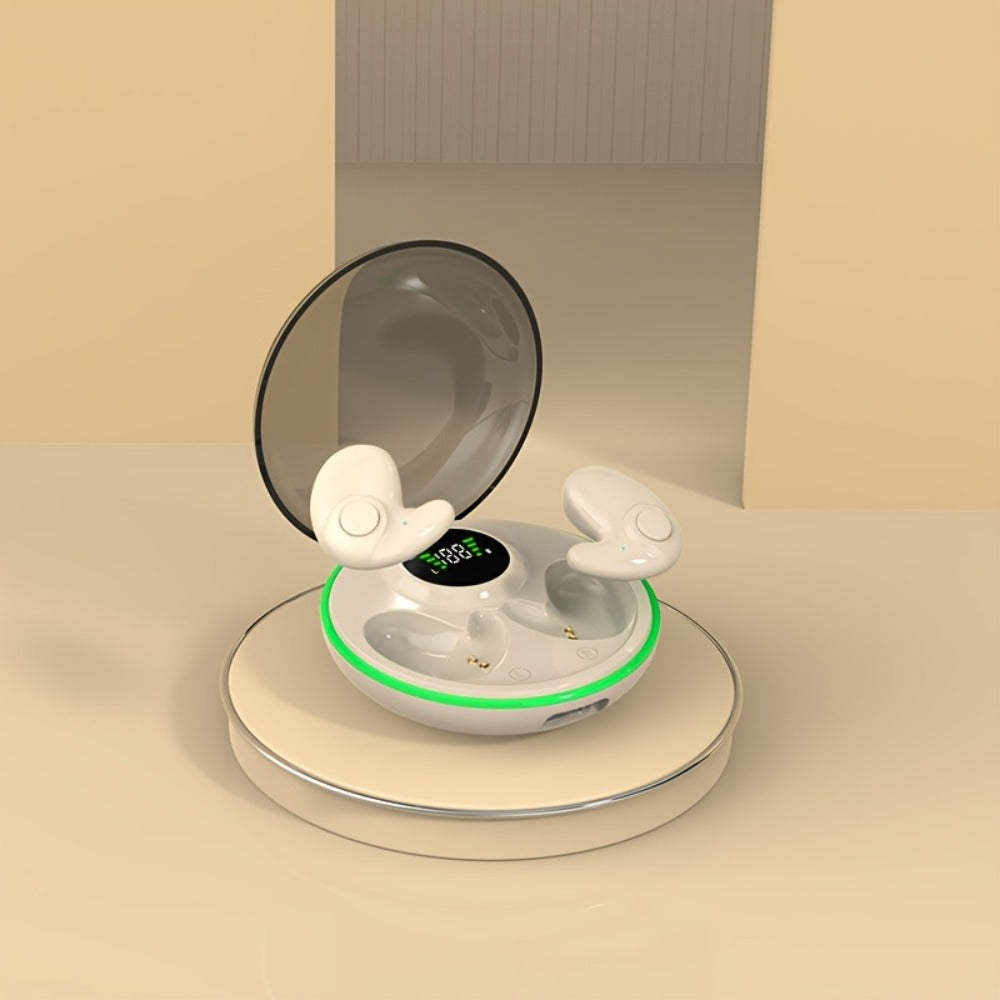Low-Profile Round-Case Mini Sleep Earbuds with Digital Battery Display in Black, Khaki or White