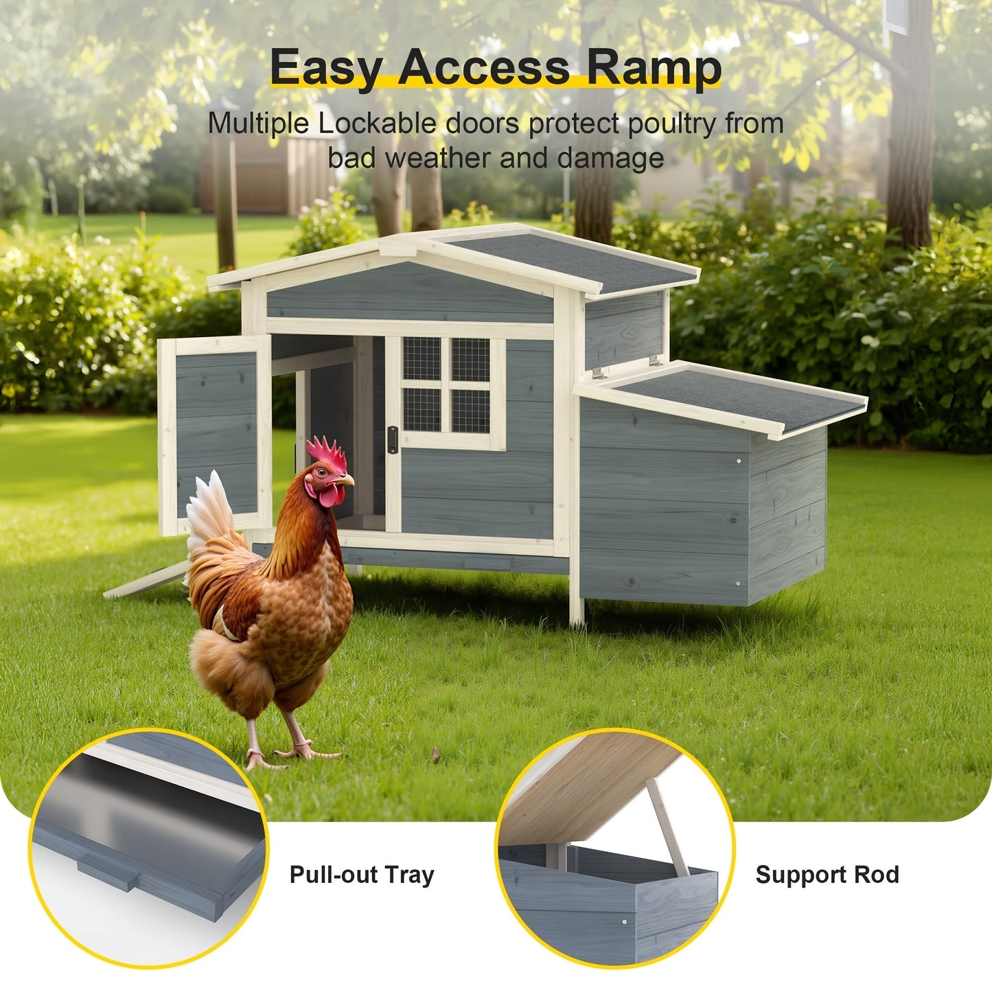 Hen House Outdoor Wooden Chicken Coop with Nesting Box Ramp Removable Tray Elevated Design Fir Wood for Garden, Patio and Yard Use