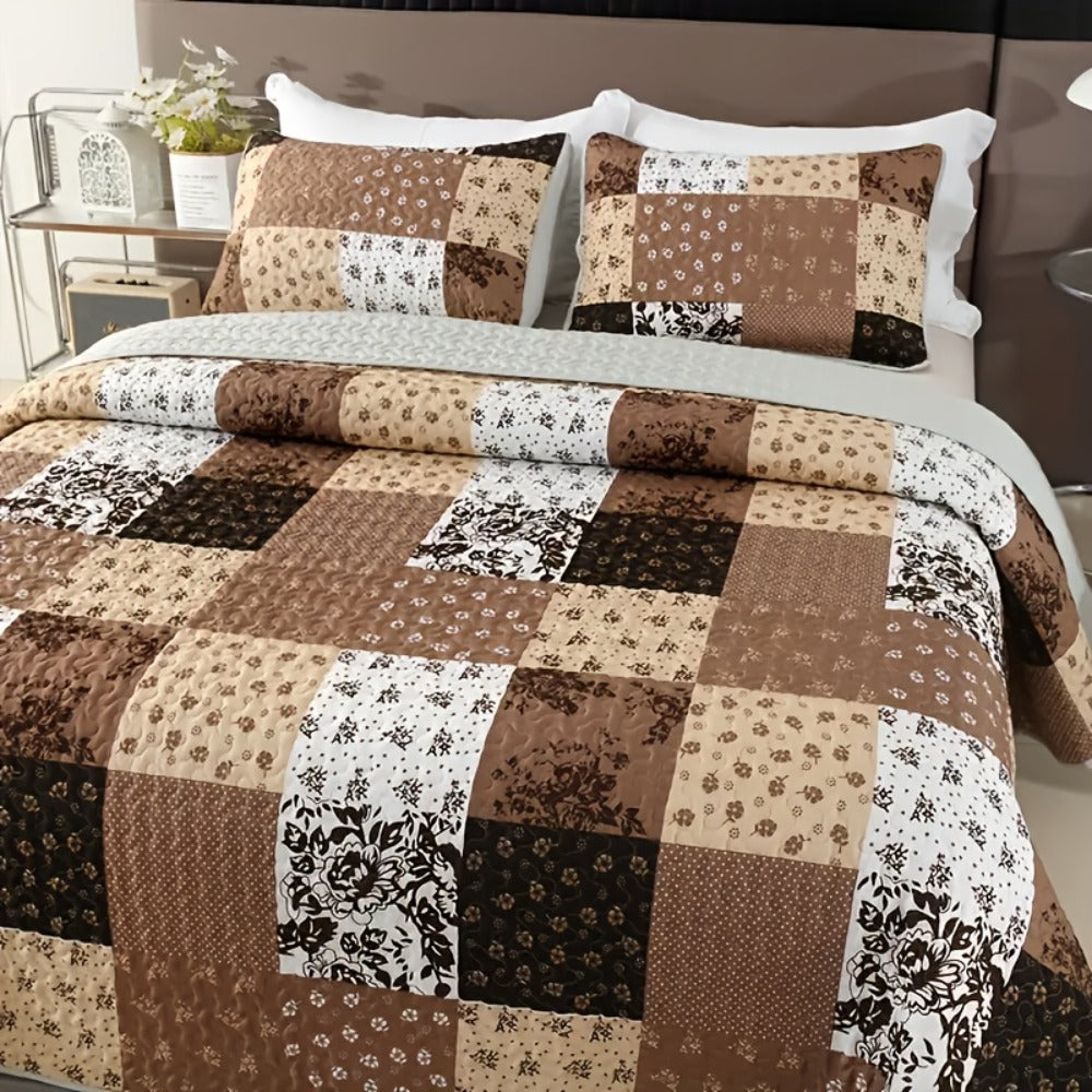 Patchwork Quilted Bedspread Set 3 Piece - 1 Quilt & 2 Pillow Shams All-Season Breathable 100% Polyester Bedding Set for Bedroom Dorm