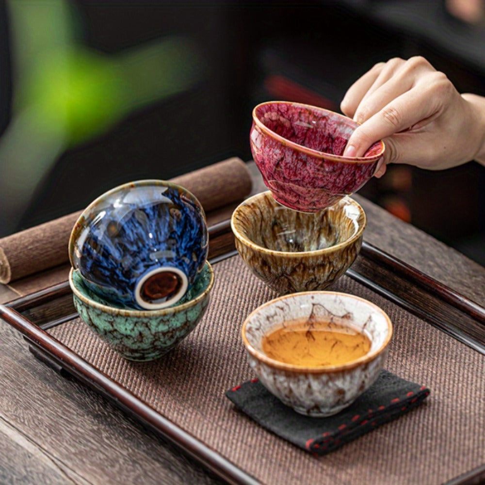 Jianzhan Ceramic Tea Cups Set of 5, Handmade Kiln-Changed Glazed Kung Fu Teacups, Traditional Chinese Porcelain